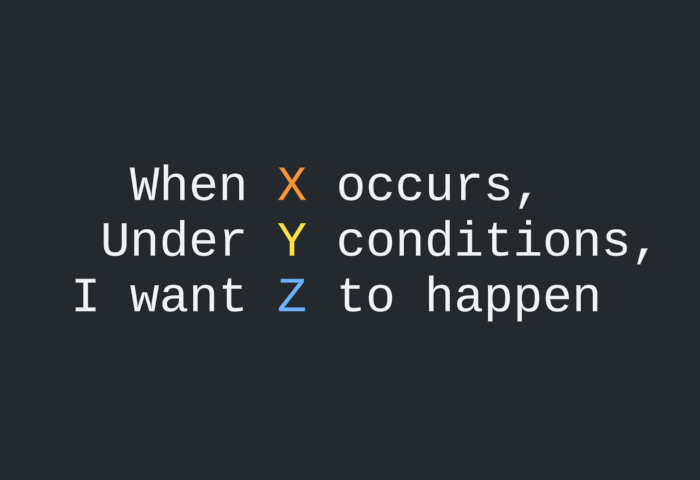 Stylized text that reads 'When X occurs, under Y conditions, I want Z to happen'.