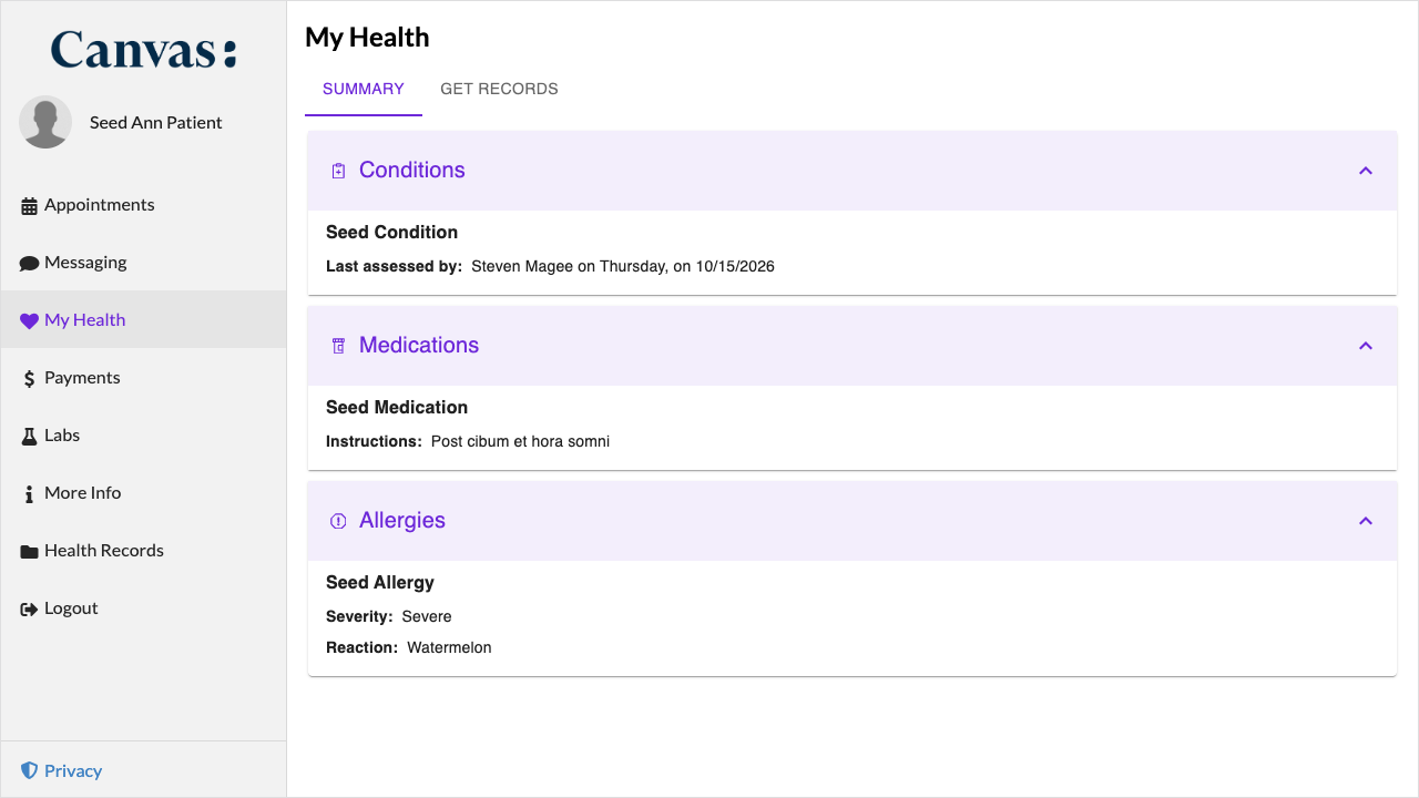 The My Health page with a violet brand color