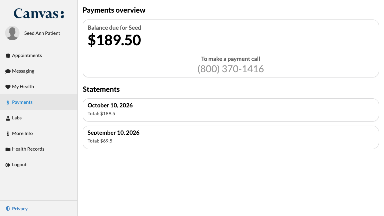 The Payments page with 20 pixel rounded cards