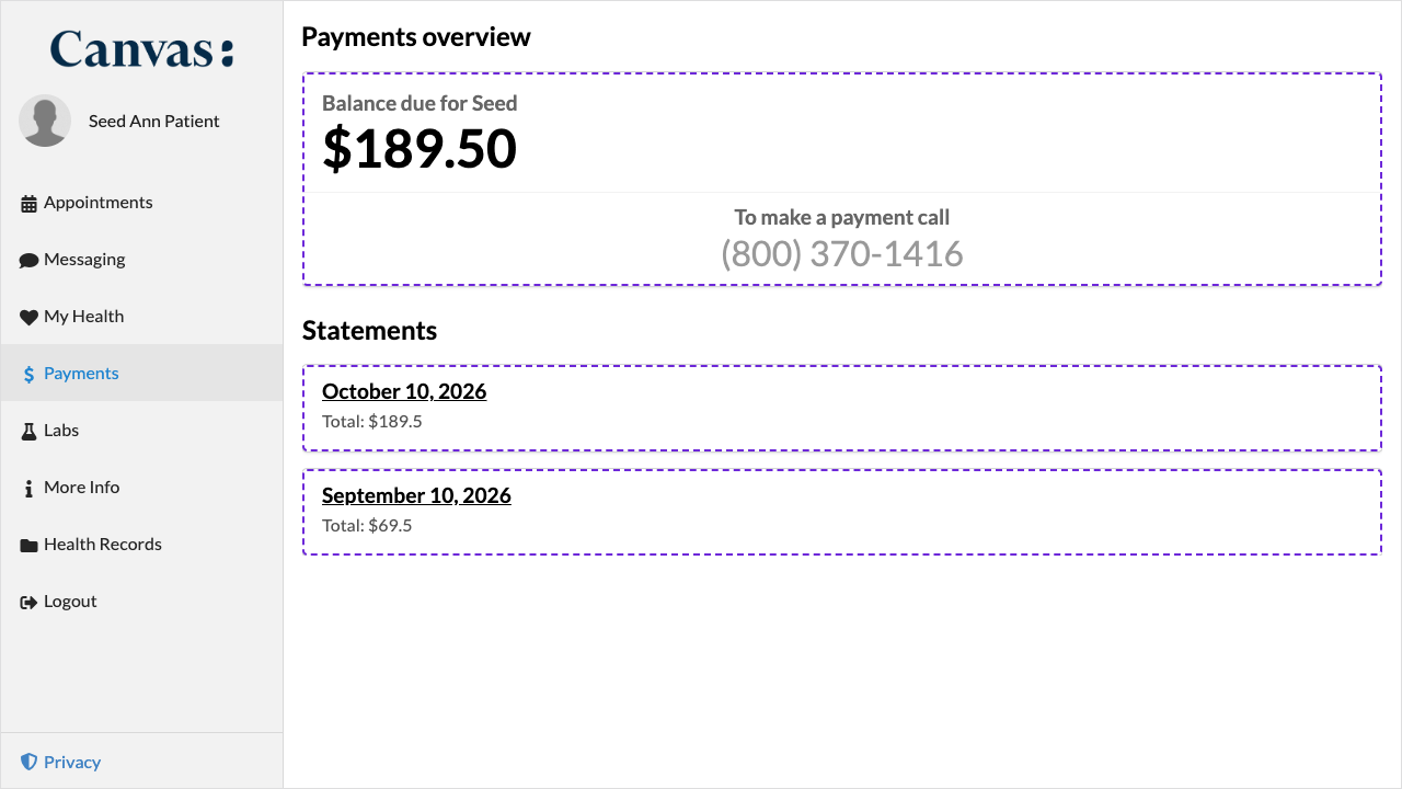 The Payments page with dashed violet card borders from custom CSS