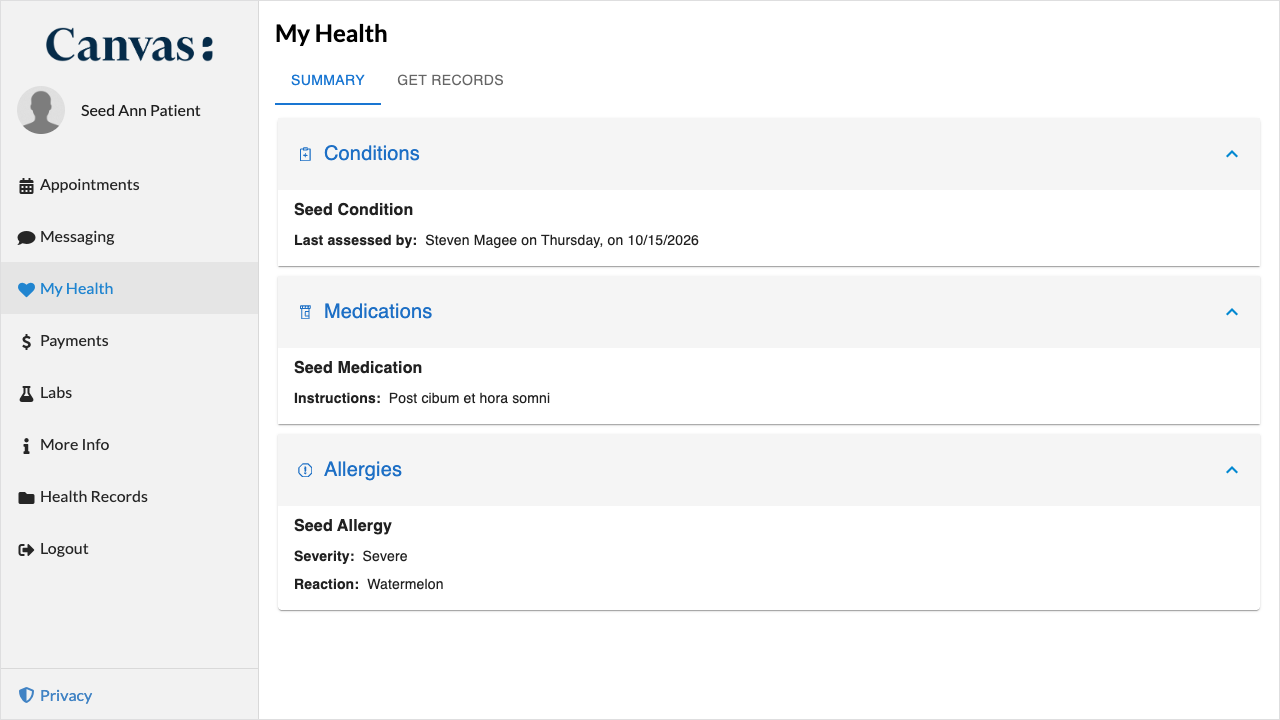 The My Health page with no theme