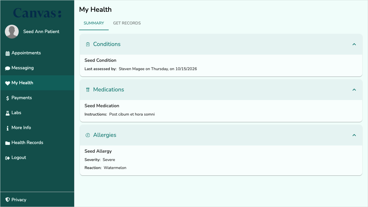 The My Health page with a full theme: a dark teal menu, teal brand, tinted page and Nunito font