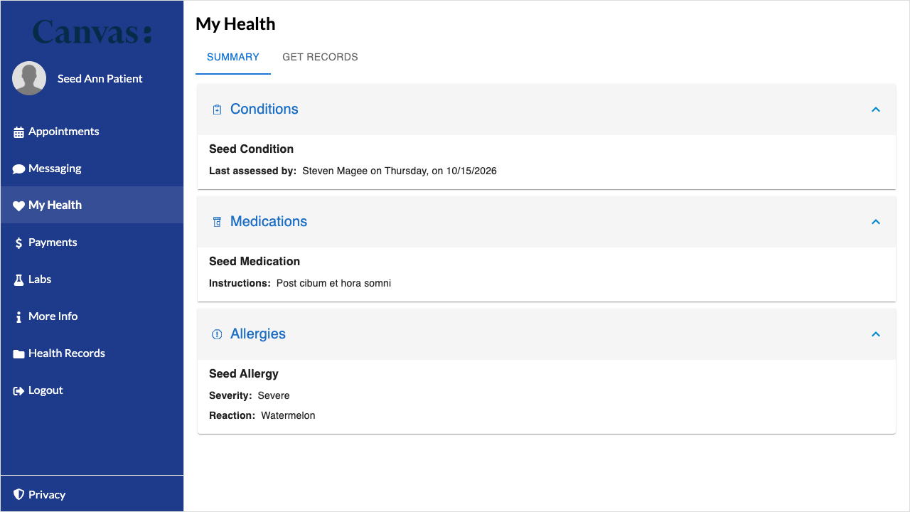 The My Health page with a dark blue menu and derived white menu text