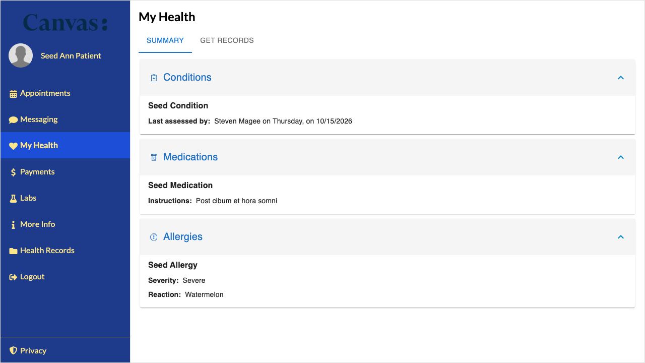 The My Health page with a dark blue menu, yellow menu text and a brighter blue selected item